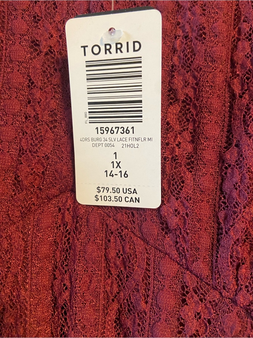 NWT Torrid Burgundy Lace Fit & Flare Dress Size 1X 14/16 Romantic Lace Midi - Picture 7 of 7
